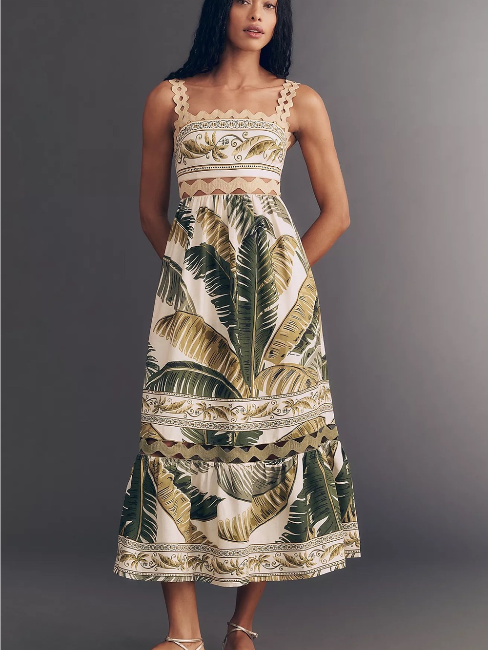 FARM Rio Cream and Green Tropical Scalloped Strap Midi Dress.